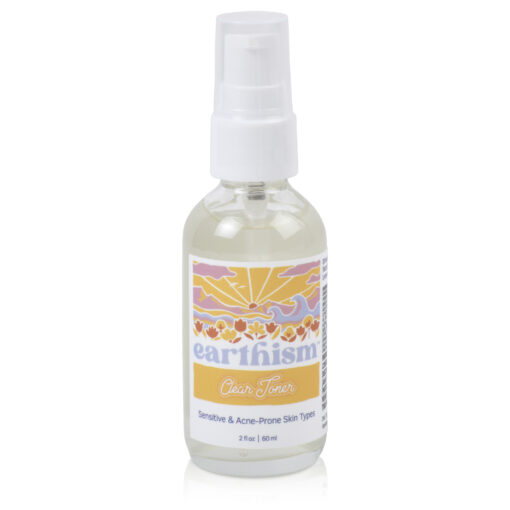 Clear Toner product in a two ounce glass bottle with a white pump and colorful label.