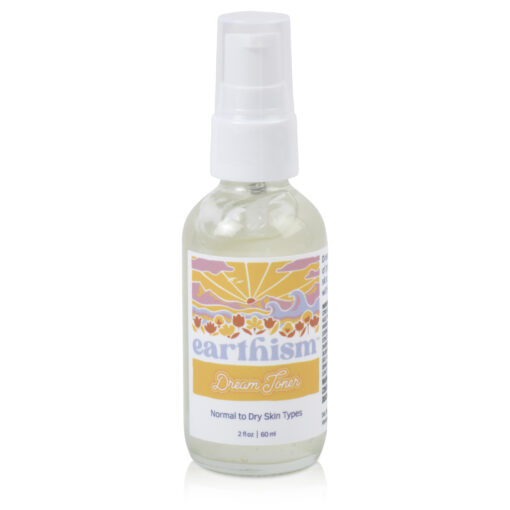 Dream Toner product in a two ounce glass bottle with a white pump and colorful label.