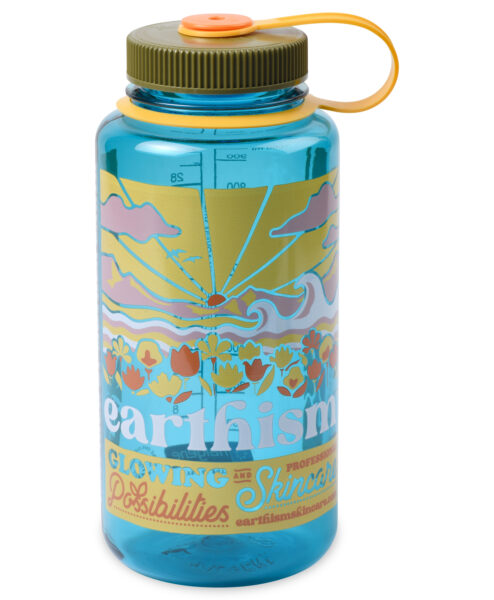 Earthism graphics on a turquoise Nalgene bottle with a green and orange lid. Bottle says Glowing Possibilities and Professional Skincare with website listed.