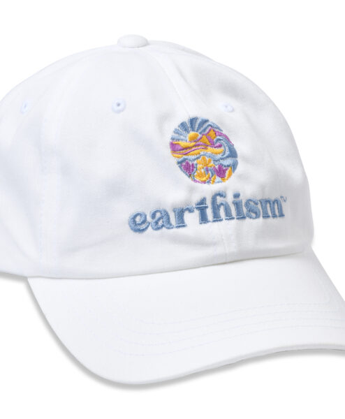 White baseball cap with multicolor Earthism logo.