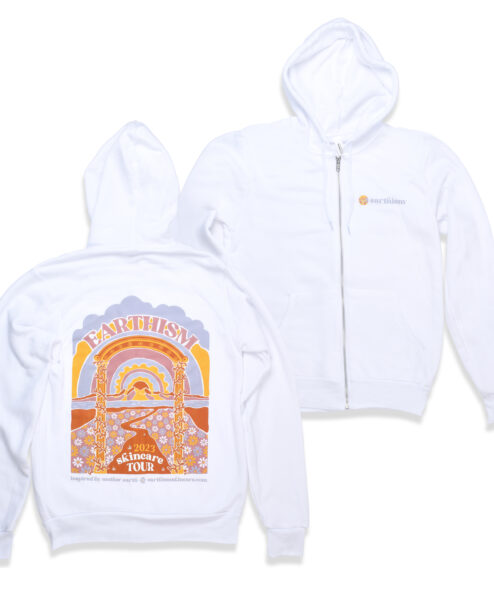 Hooded white sweatshirt with Earthism multicolor logo on chest and 2023 skincare tour illustration on back side.