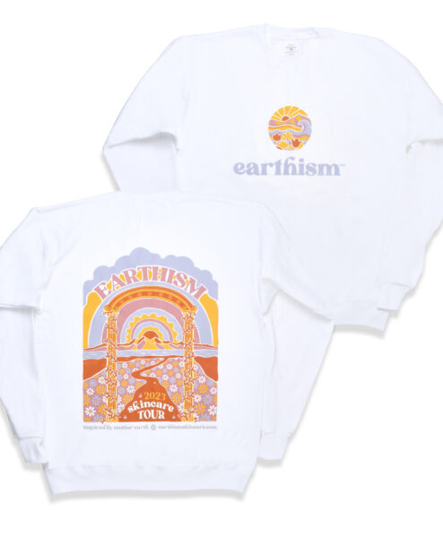 White crew neck sweatshirt with multicolor Earthism logo on chest and 2023 Skincare Tour illustration on back.