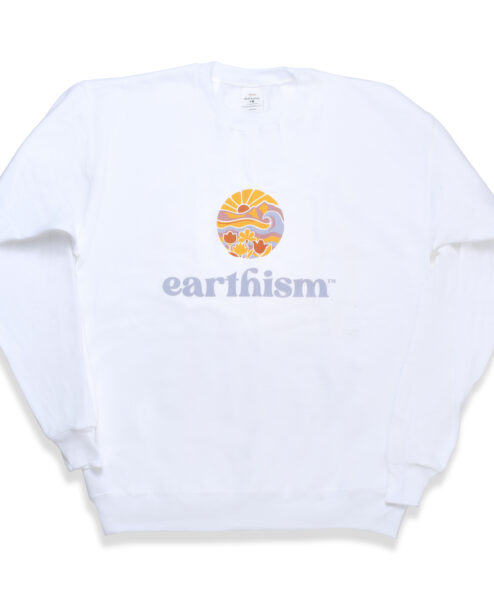 White crew neck sweatshirt with multicolor logo on front chest.