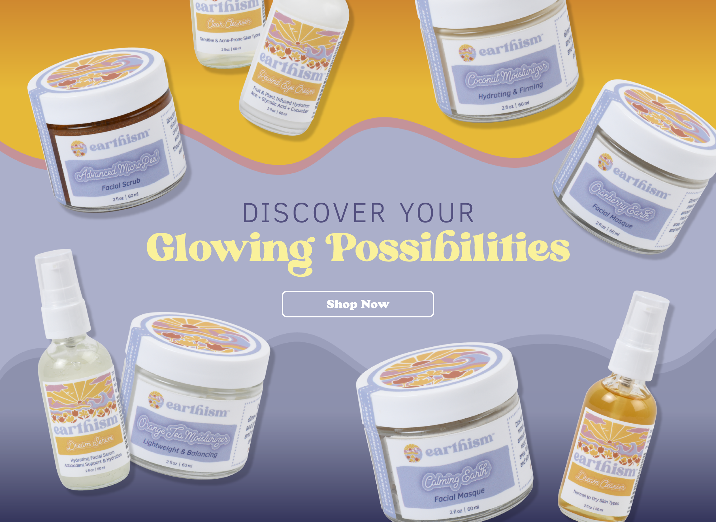 Website banner on a blue and yellow squiggly background with products floating on the sides.